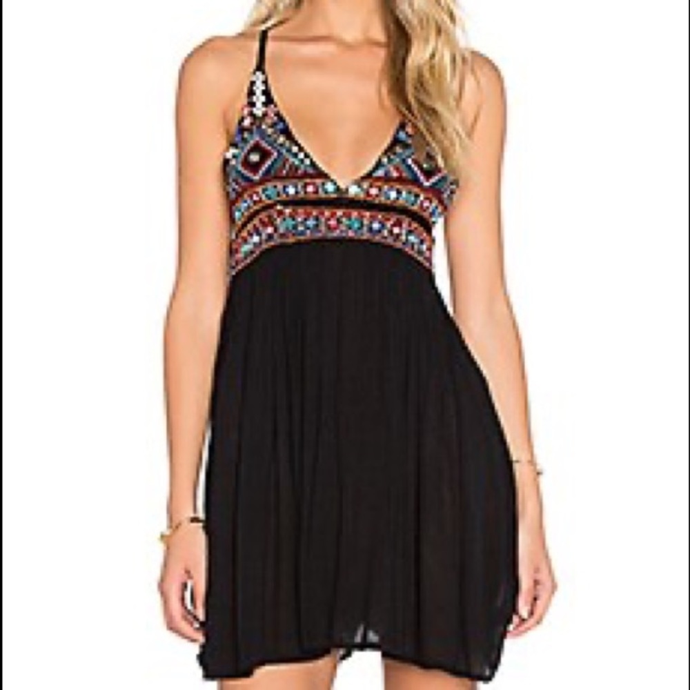 NWT RAGA from Revolve, Black spaghetti strap dress with beaded stitched appliqué